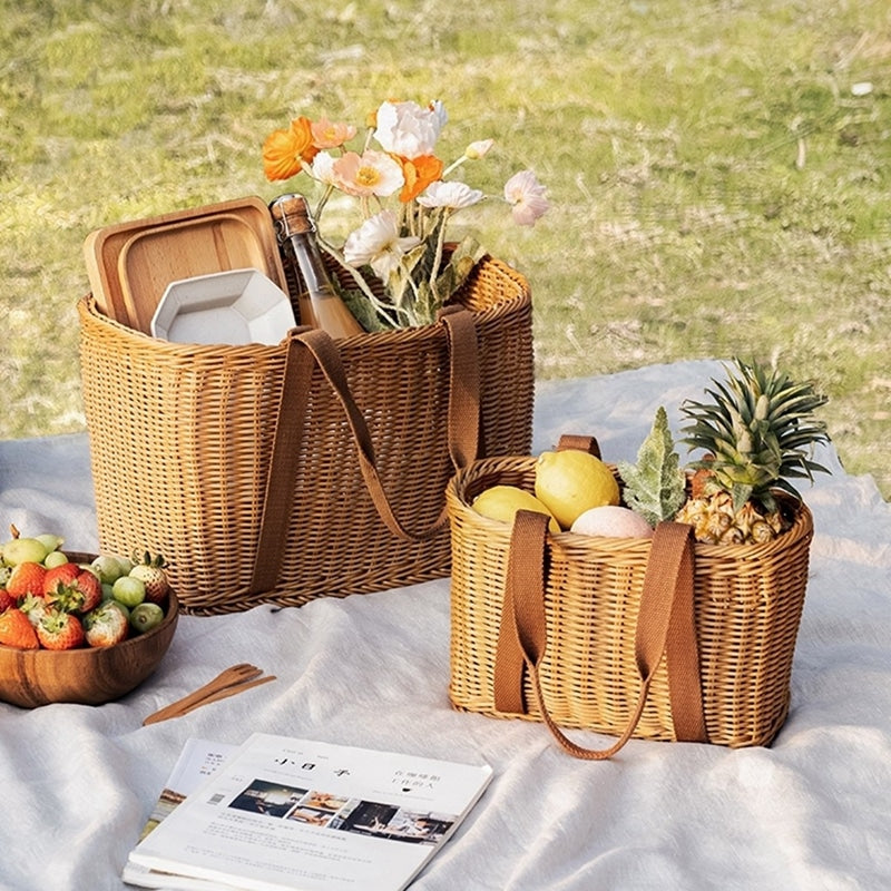 Panier de rangement pour pique-nique tissé avec anses souples