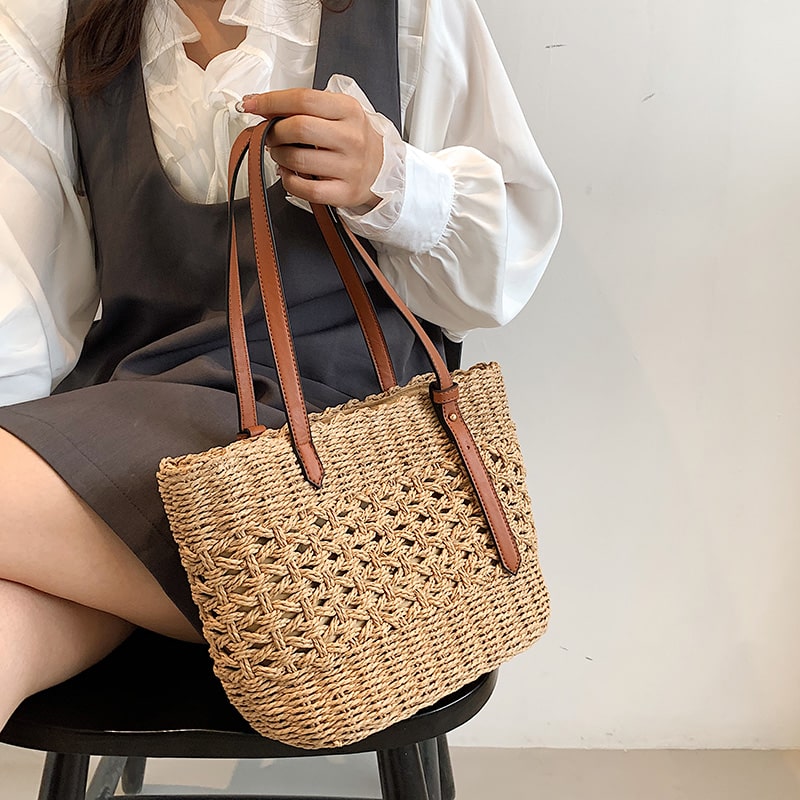 Sac à main de luxe en paille pour femmes beige ou marron