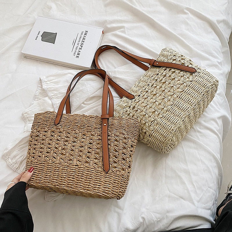 Sac à main de luxe en paille pour femmes beige ou marron