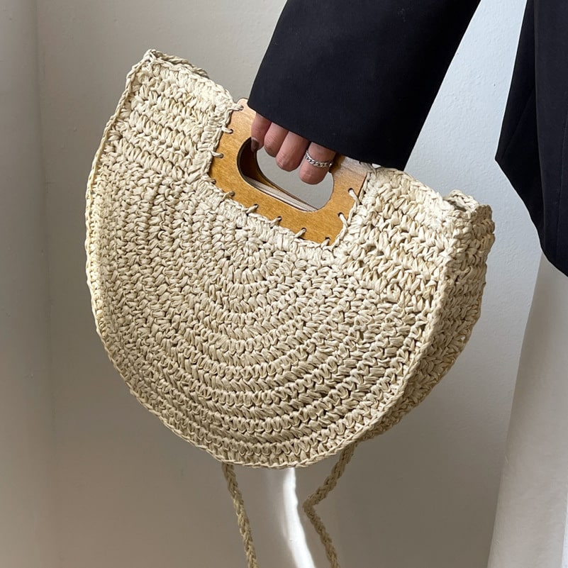 Sac à main rotin à poignée en bois pour femmes