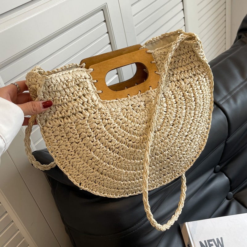 Sac à main rotin à poignée en bois pour femmes