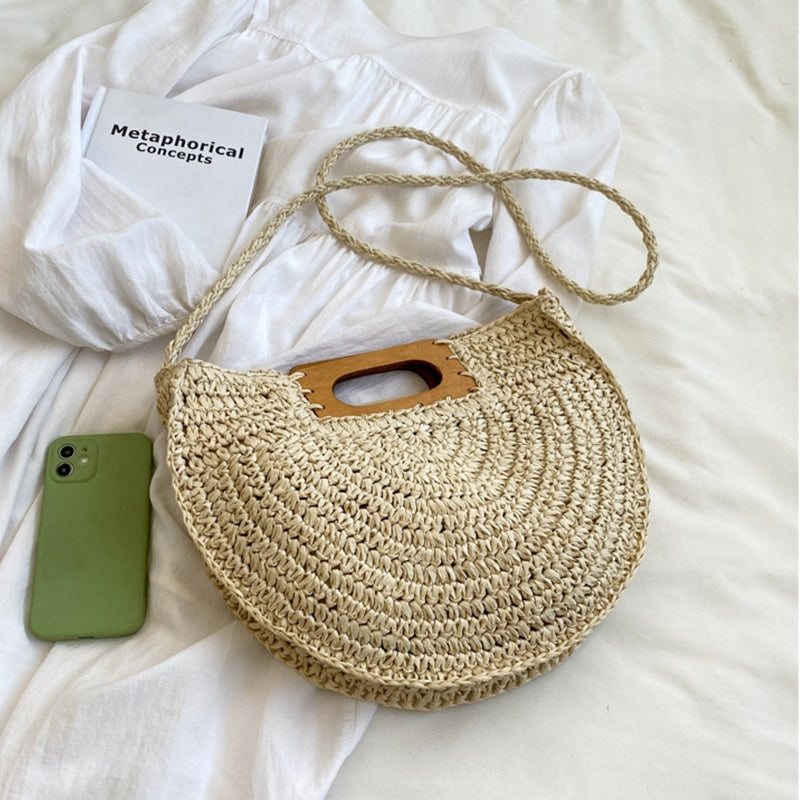 Sac à main rotin à poignée en bois pour femmes