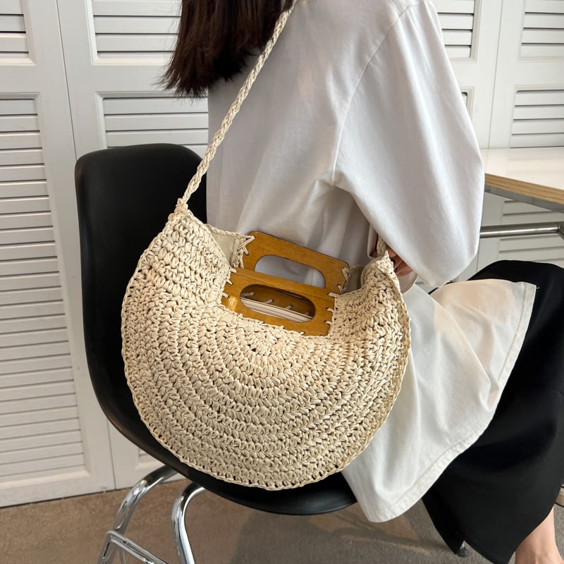 Sac à main rotin à poignée en bois pour femmes