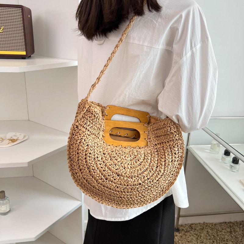 Sac à main rotin à poignée en bois pour femmes