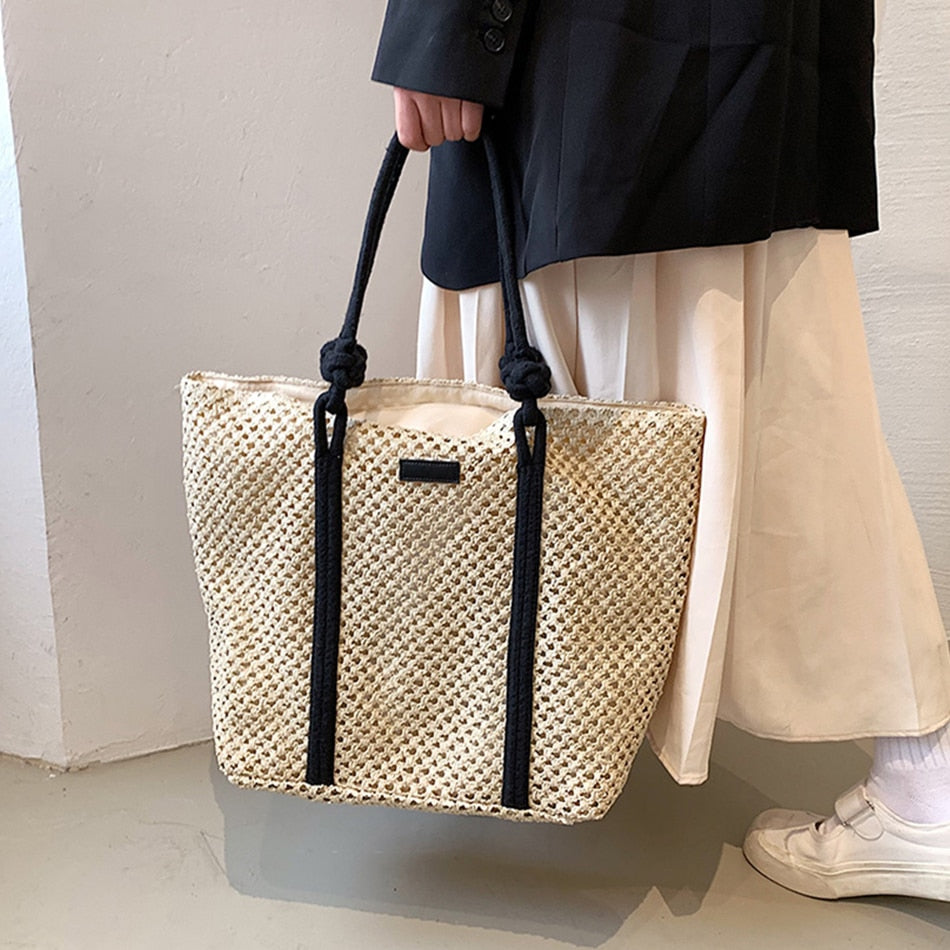Sac à main en paille tissé avec anses pour femmes
