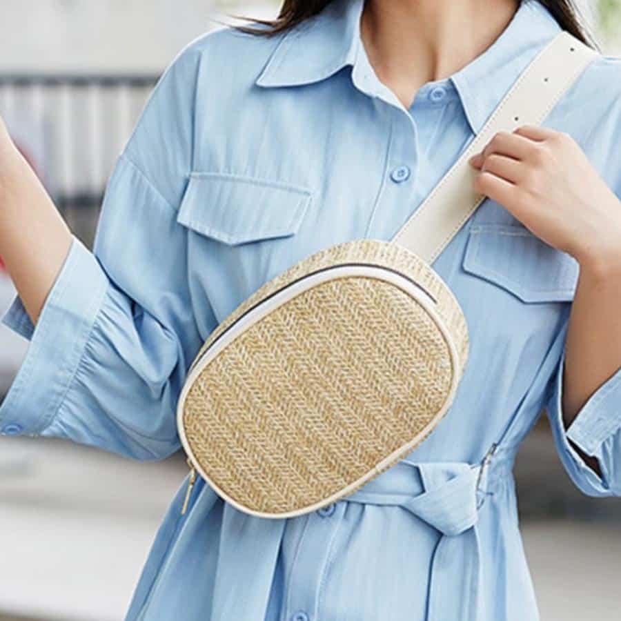 Sacs pour la taille ronds tissés en paille pour femmes