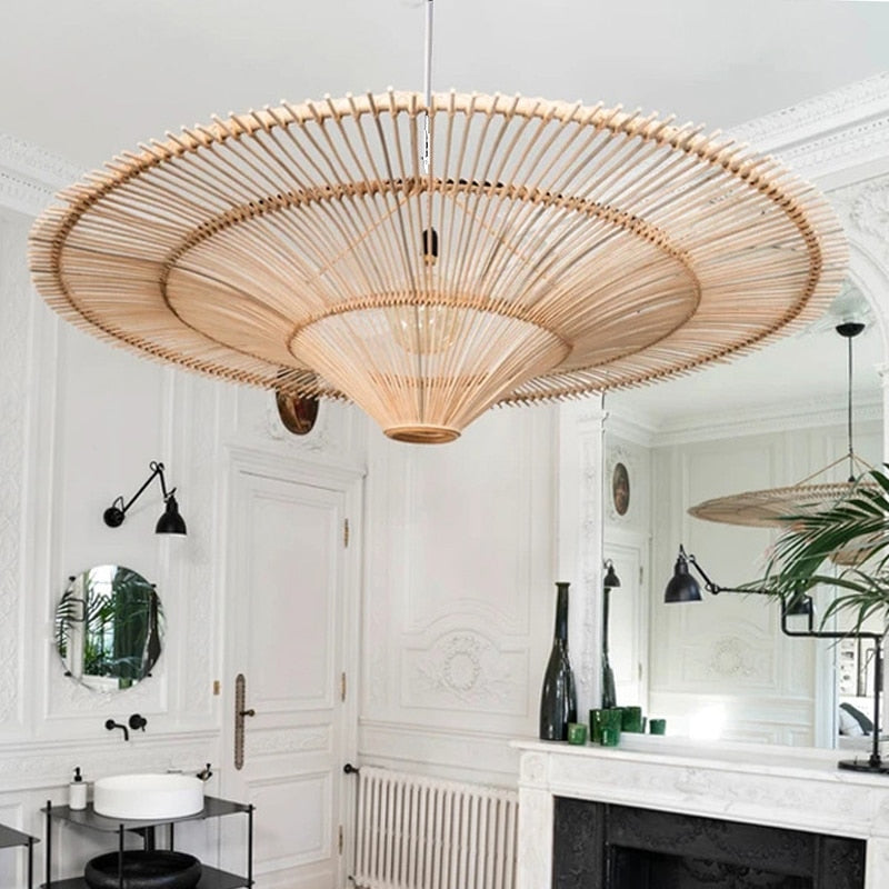 Plafonnier LED suspension rotin design rétro moderne