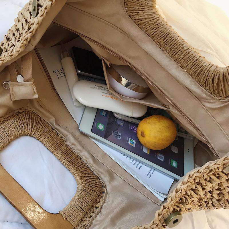 Sac à main fourre-tout en paille tissée et anses en bois pour femmes