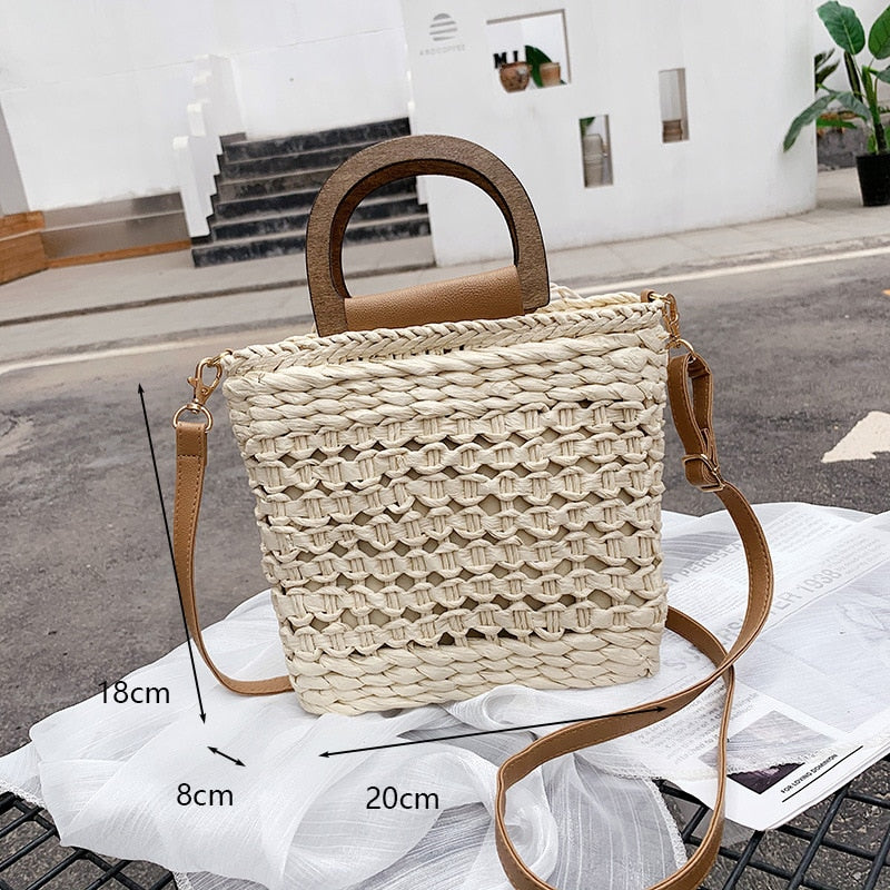 Sac à bandoulière tissé rétro pour femmes avec anse en bois