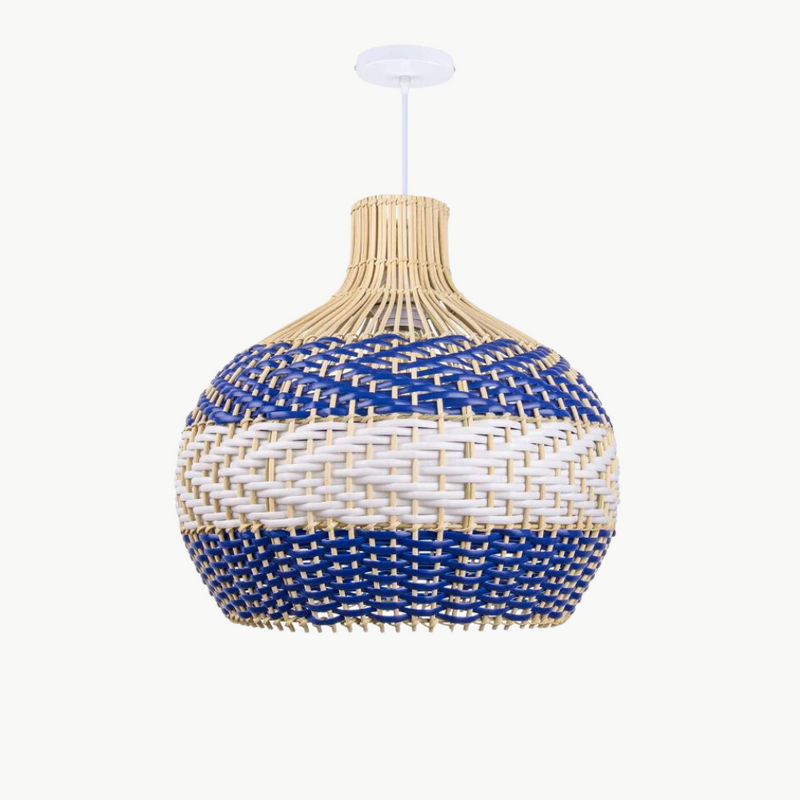 Suspension rotin boule tressée tricolore bleu blanc naturel | Rivoa