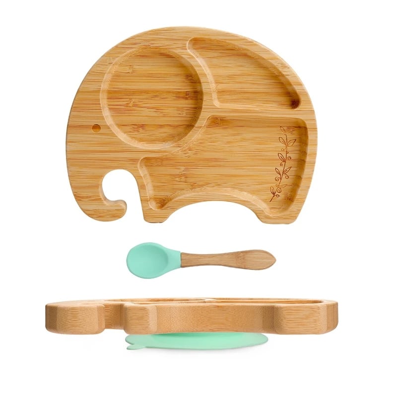 Assiette Bambou en Forme d’Éléphant avec Cuillère pour Enfant