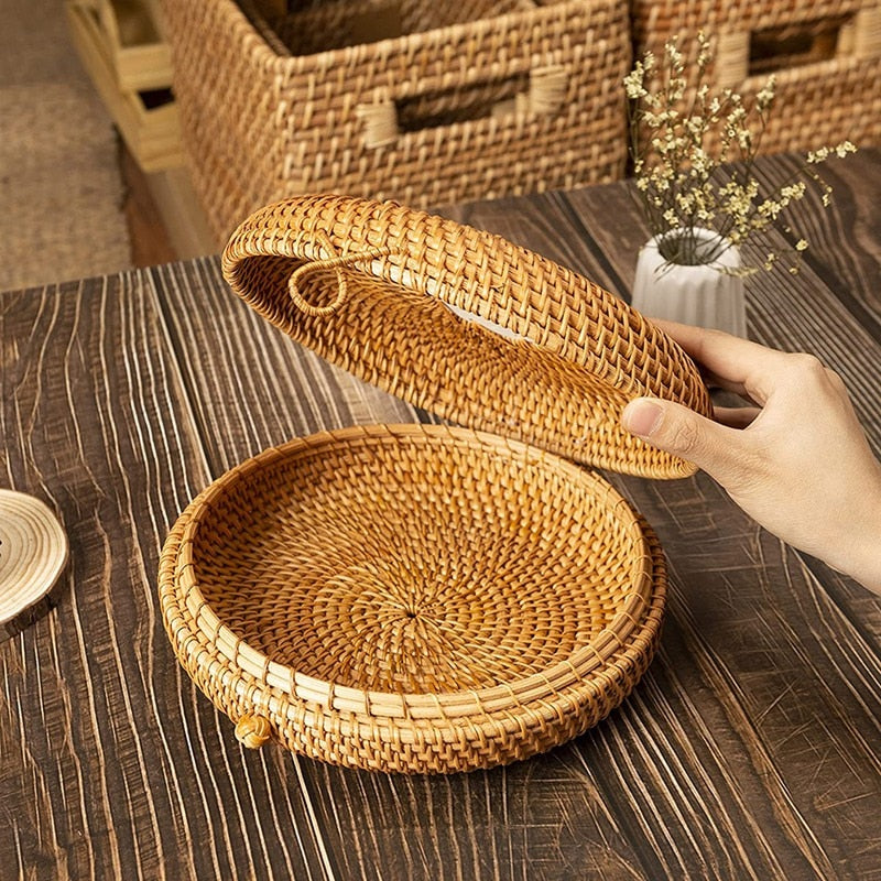 Boîte à bijoux ronde tissée en rotin