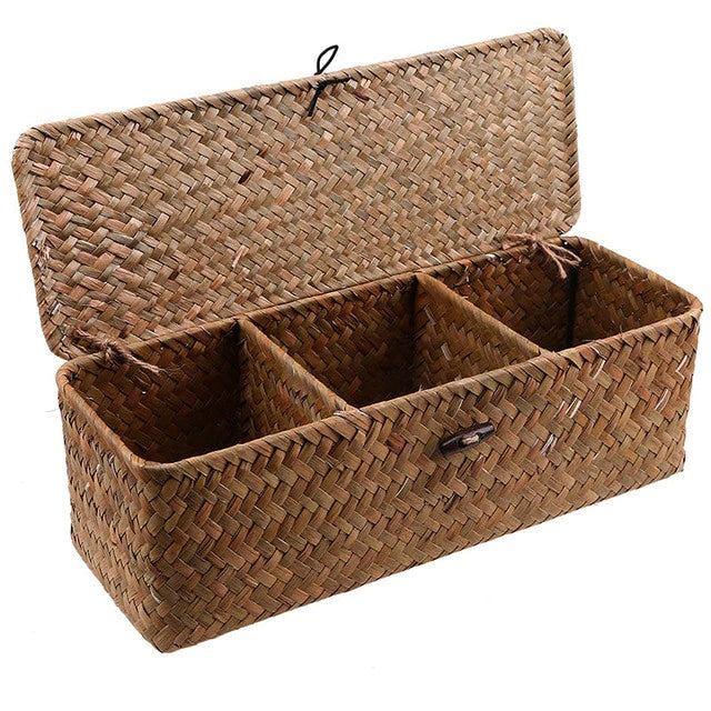 Boîte de rangement à 3 compartiments en rotin et osier avec couvercle