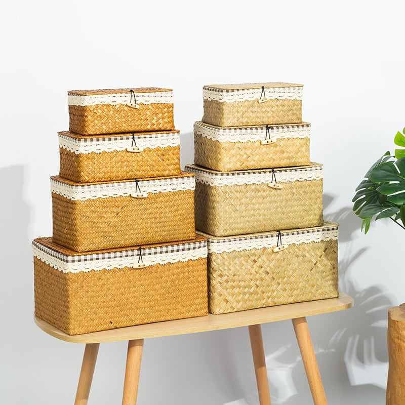 Boîte de rangement en rotin tissé avec couvercle