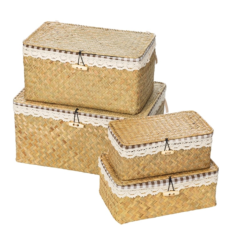 Boîte de rangement en rotin tissé avec couvercle