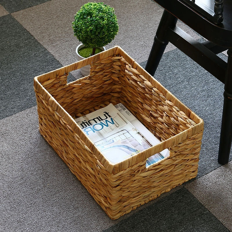 Boîte de rangement en rotin tissée avec poignées