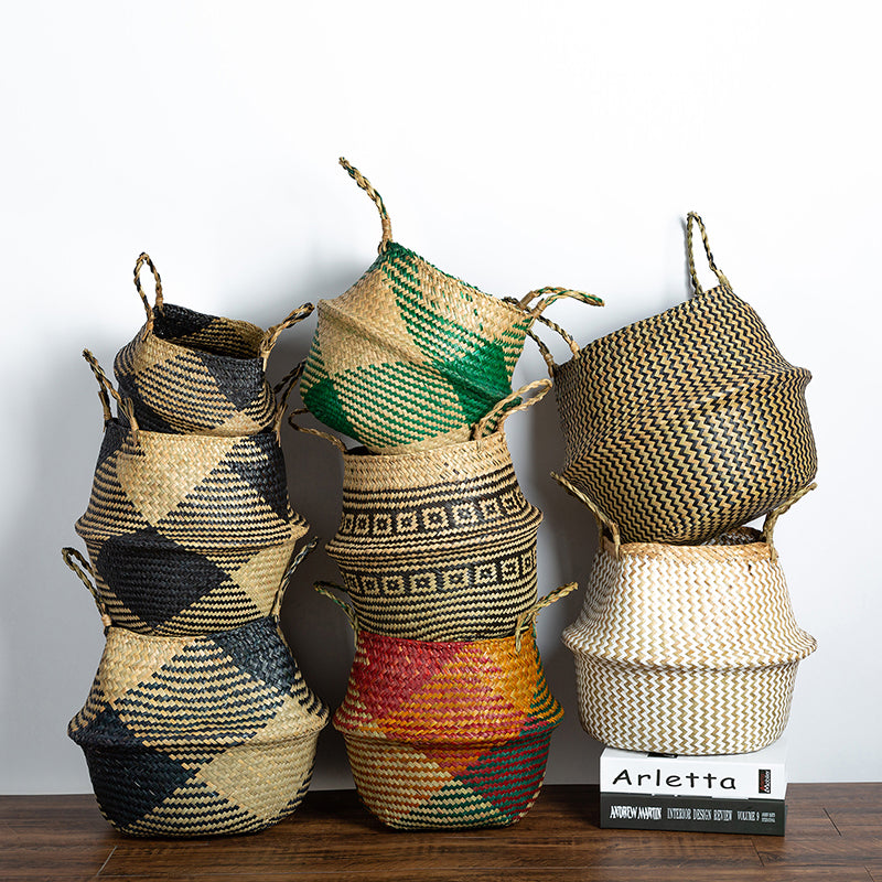 Cache pot de rangement pliable en osier et en rotin tissé à la main avec motif rectangulaire
