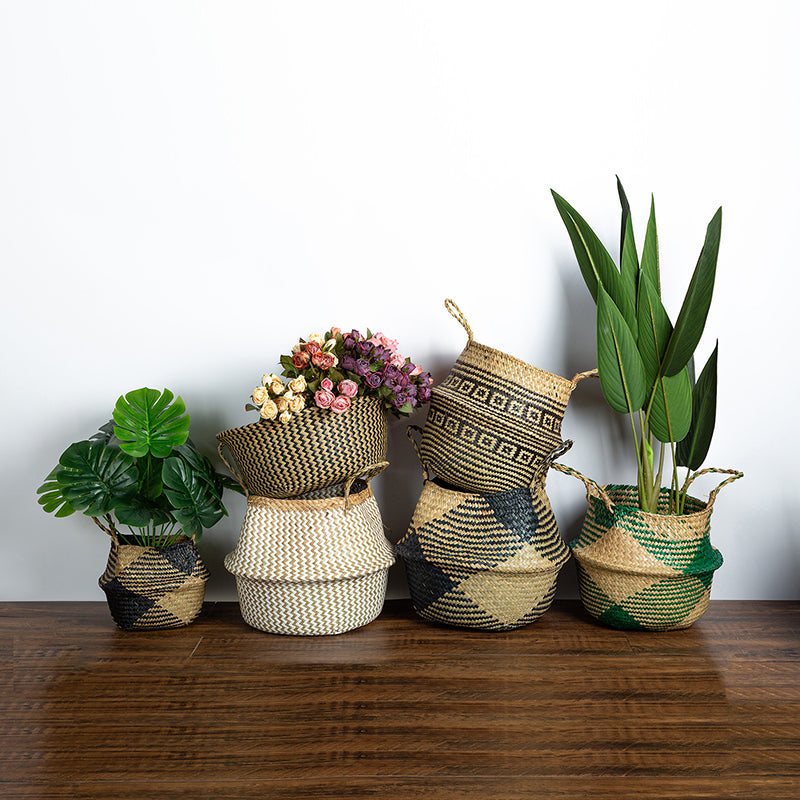 Cache pot de rangement pliable en osier et en rotin tissé à la main avec motif rectangulaire