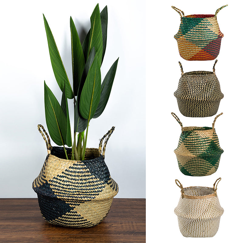 Cache pot de rangement pliable en osier et en rotin tissé à la main avec motif rectangulaire