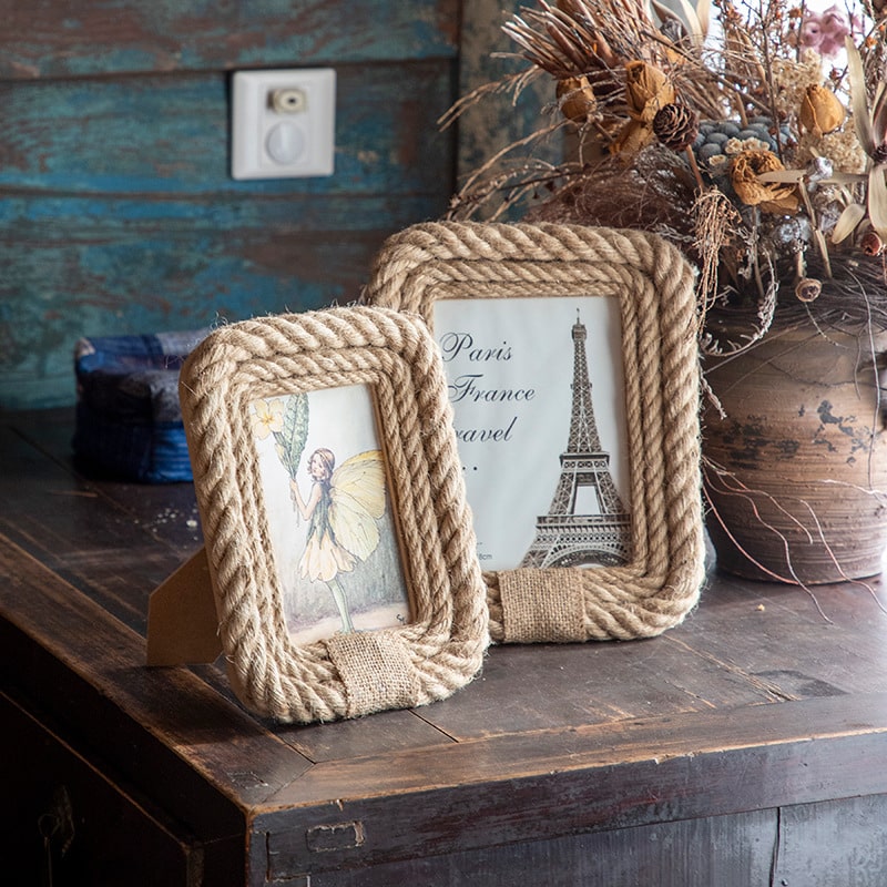 Cadre photo rectangulaire en chanvre et rotin