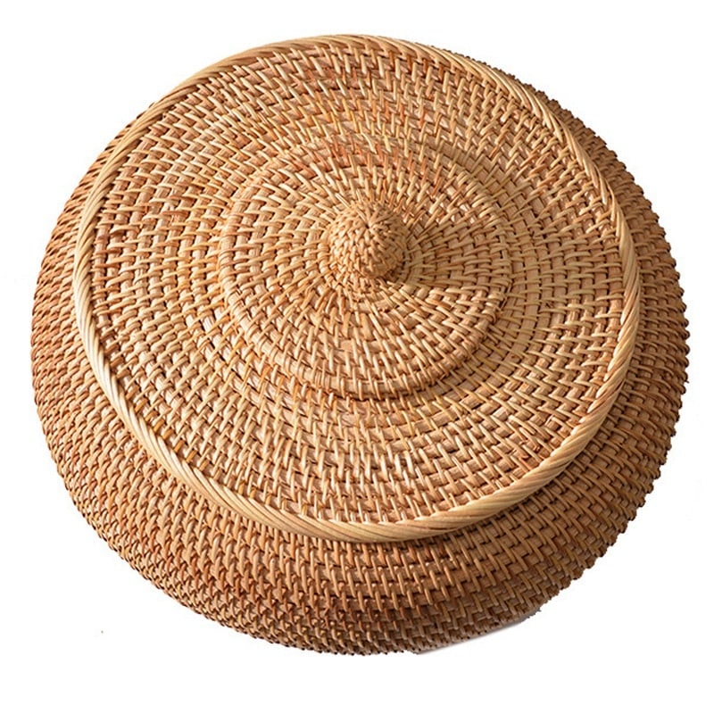 Corbeille ronde en rotin avec couvercle tissé à la main