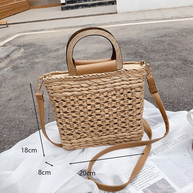 Sac à bandoulière tissé rétro pour femmes avec anse en bois