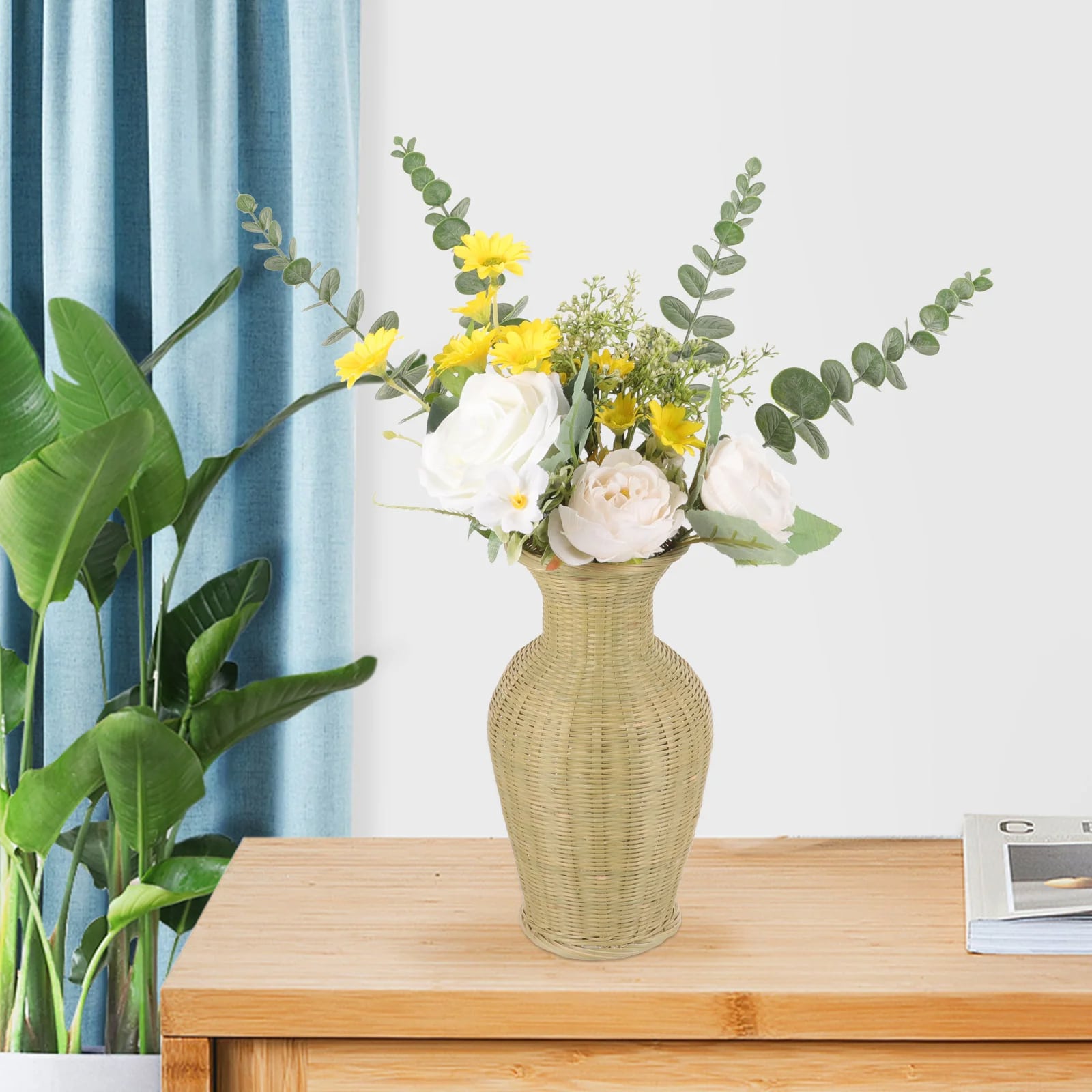 Grand Vase Effet Osier Beige et Décoratif