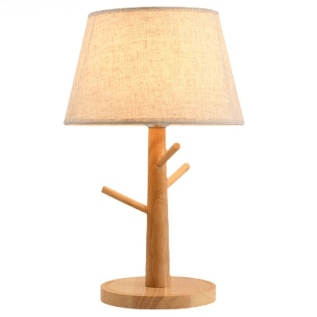 Lampe de Chevet Bois LED avec Abat Jour en Tissu