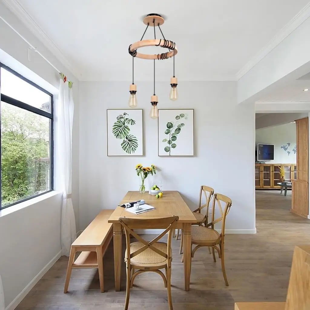 Lustre en Bois LED de Style Industriel à Trois Têtes