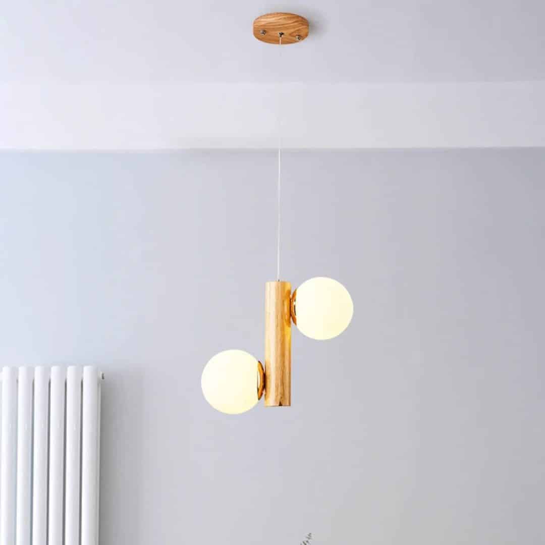 Lustre en Bois LED Suspendu avec Deux Boules