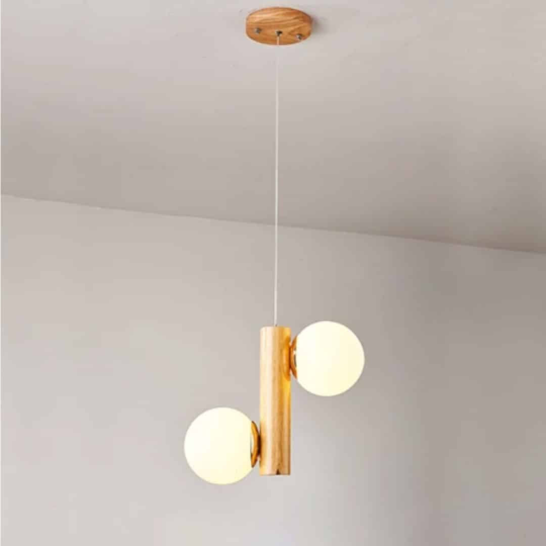 Lustre en Bois LED Suspendu avec Deux Boules