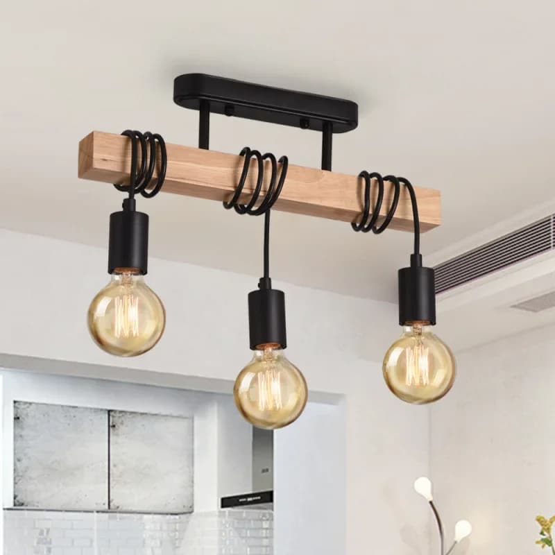 Lustre en Bois de Style Rétro à Trois Têtes
