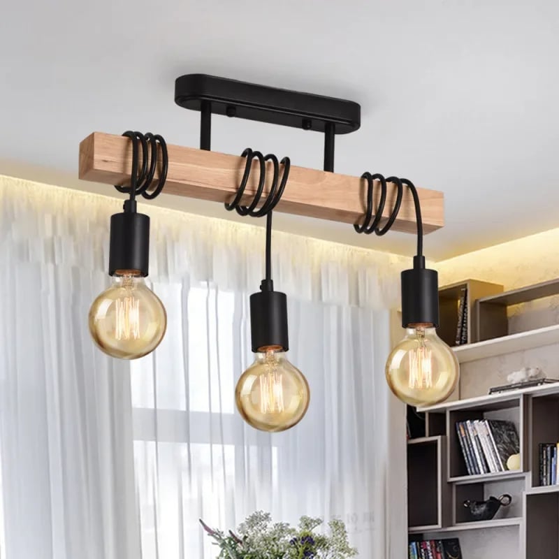 Lustre en Bois de Style Rétro à Trois Têtes