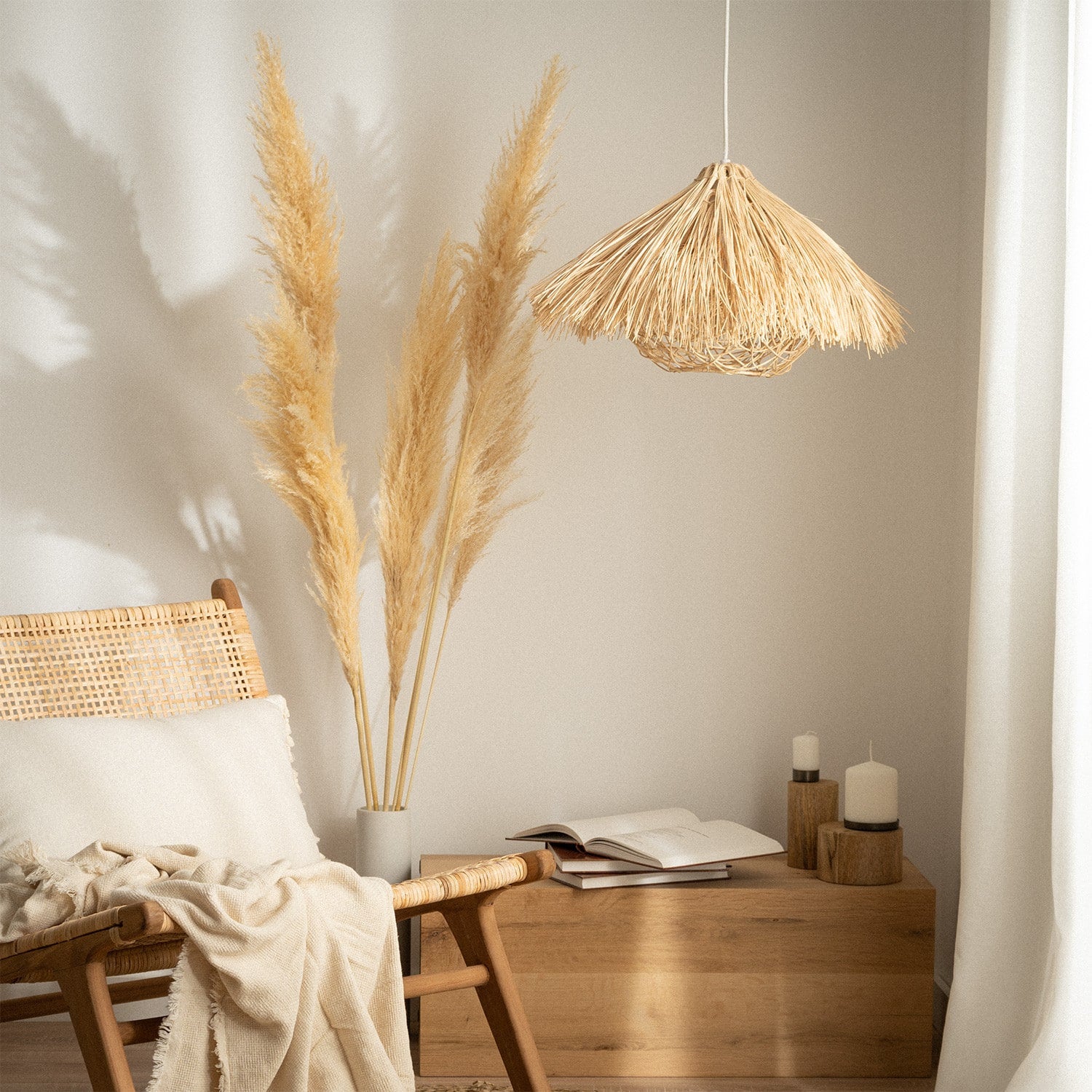 Lustre rond suspendu en bambou et bois, jaune
