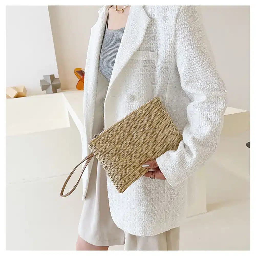 Pochette à main tissée avec lanière marron