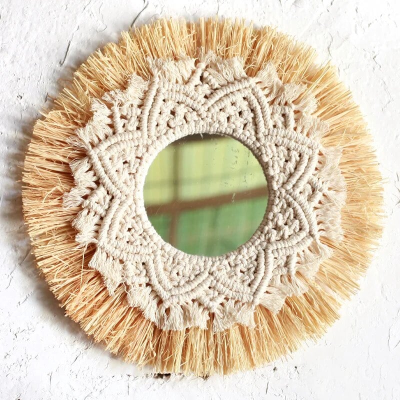 Miroir Bohème Tissé à la Main en Paille et Coton
