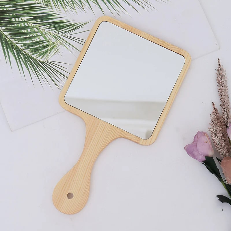Miroir Carré à Main avec Manche en Bois