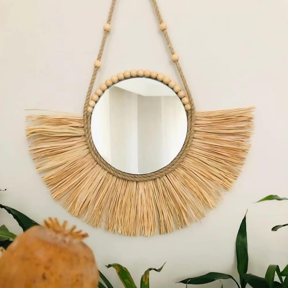 Miroir Paille Rond à Perles