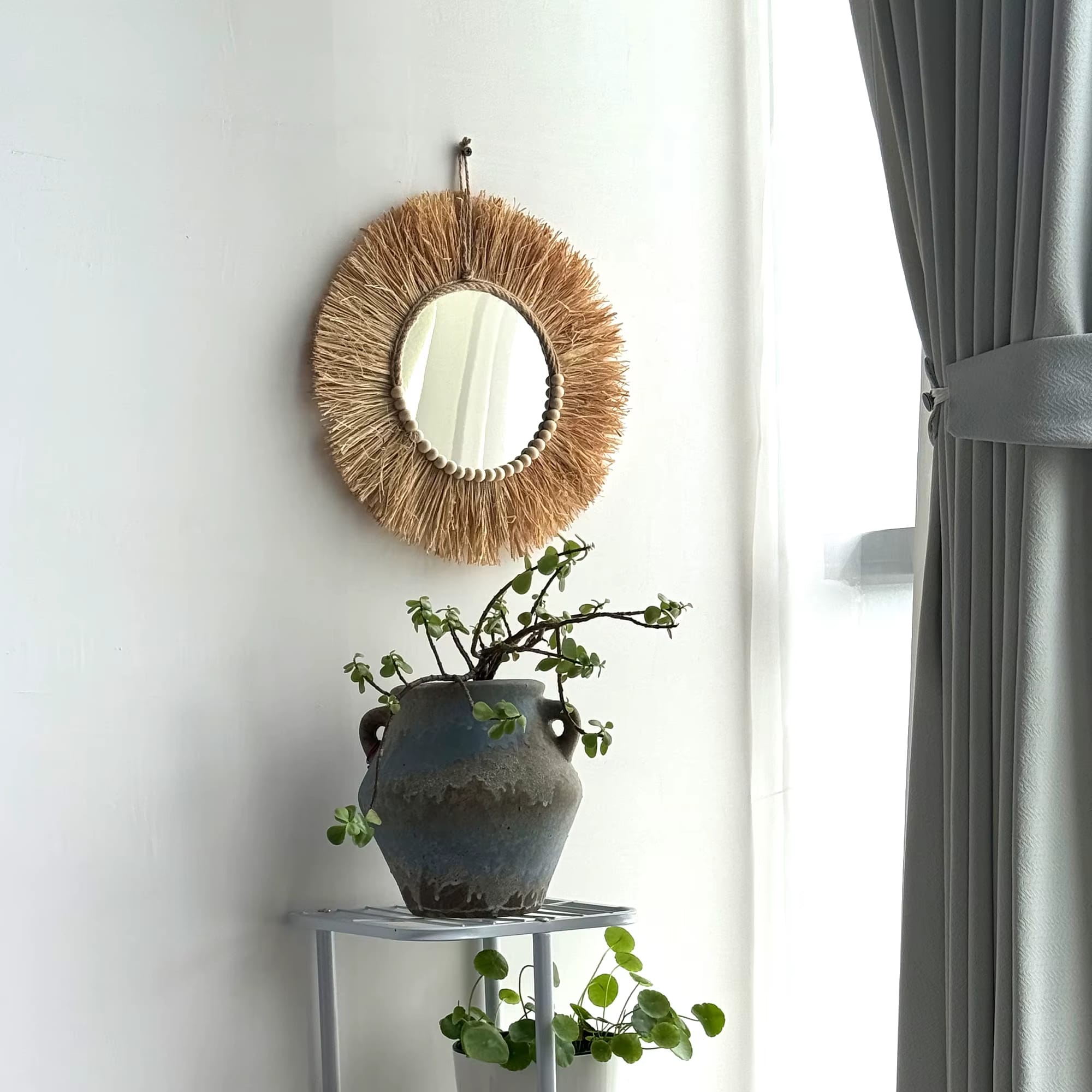 Miroir Paille Rond Style Bohème