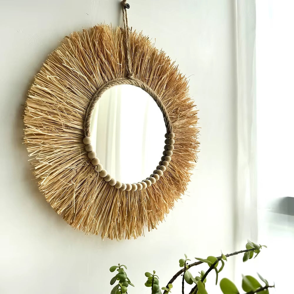 Miroir Paille Rond Style Bohème