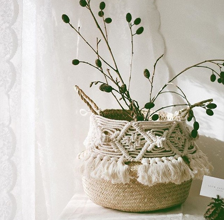 Panier de jardin en rotin décoratif avec pompon en macramé
