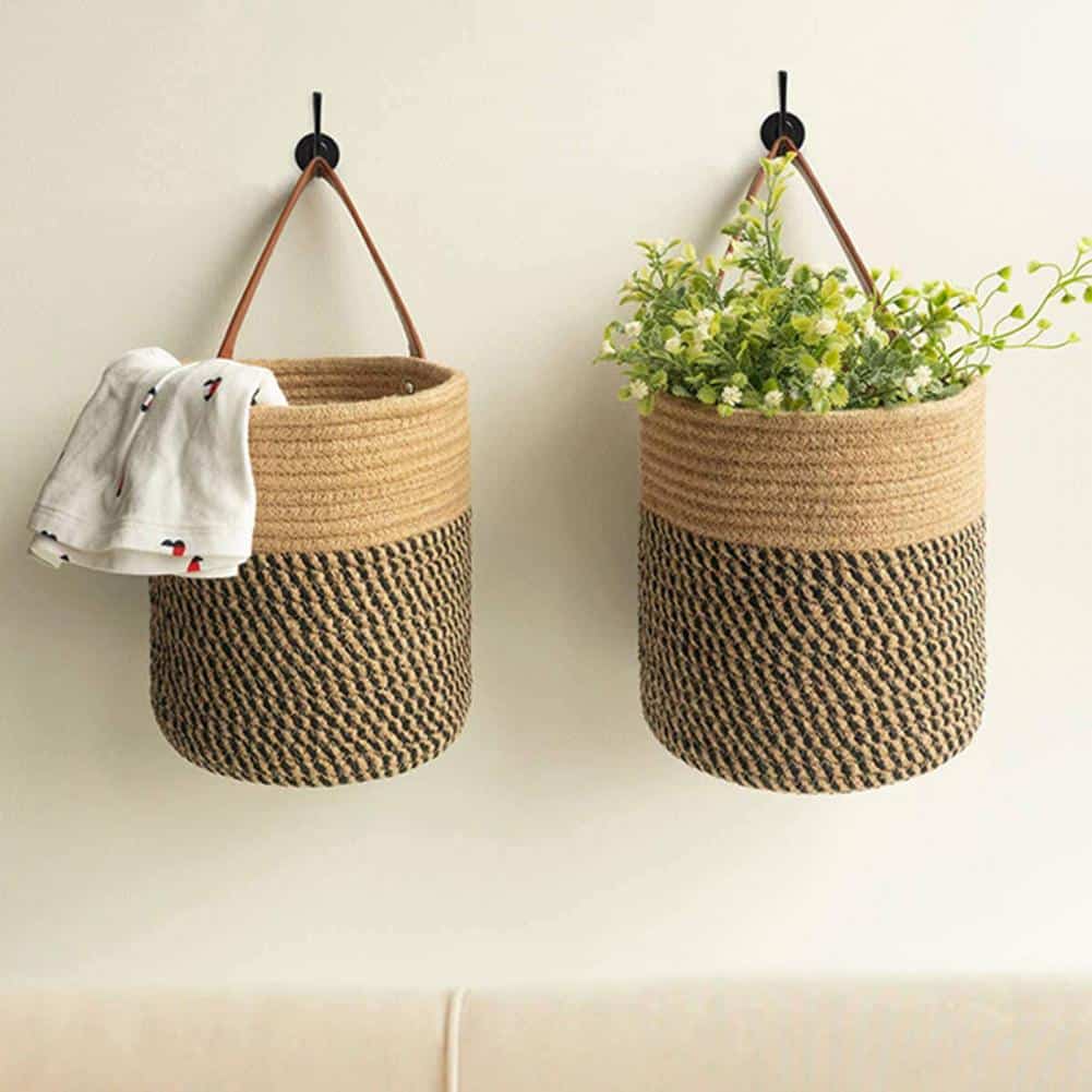 Panier de rangement à suspendre en fibre végétale marron
