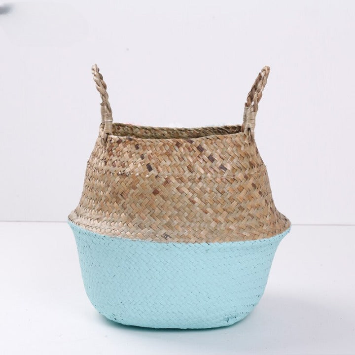 Panier de rangement bleu en rotin fait à la main