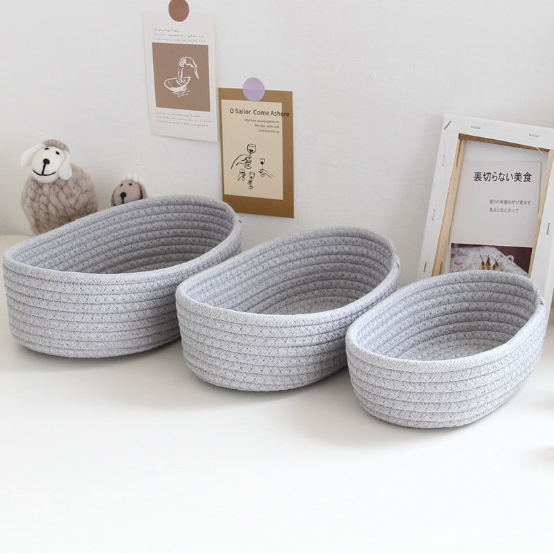 Panier de rangement ovale gris en corde de coton tissé de style nordique