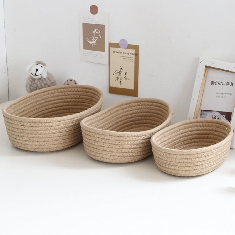 Panier de rangement ovale marron en corde de coton tissé de style nordique