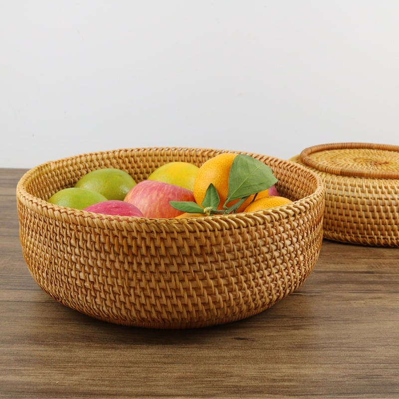 Panier de rangement rond tissé en rotin naturel et fibres de plantes