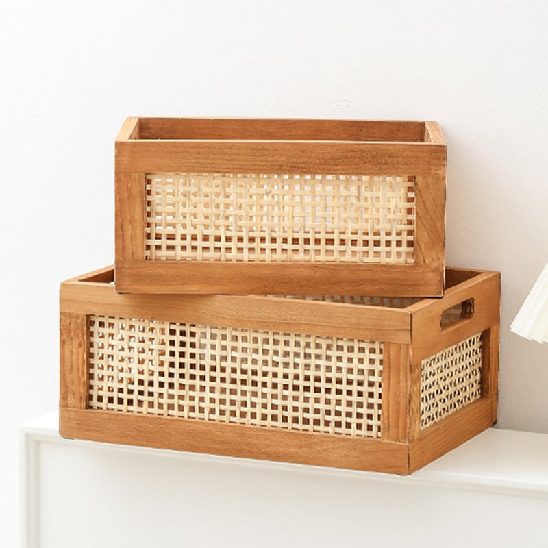 Panier de rangement vintage en bois massif et bambou
