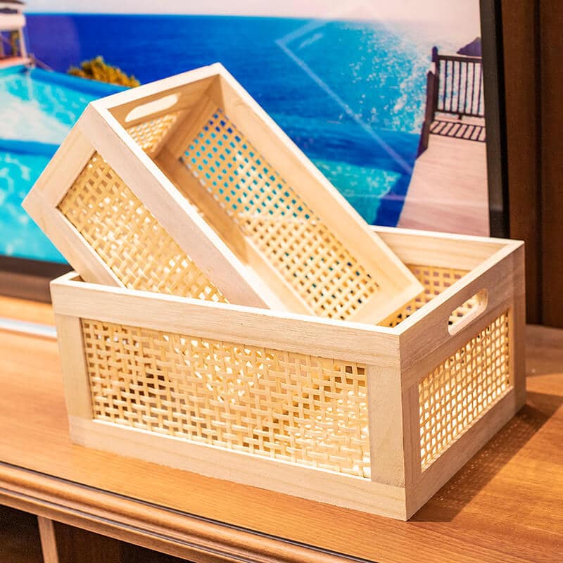 Panier de rangement vintage en bois massif et bambou