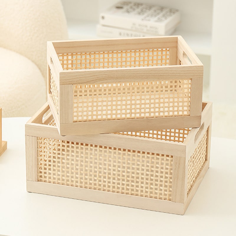 Panier de rangement vintage en bois massif et bambou