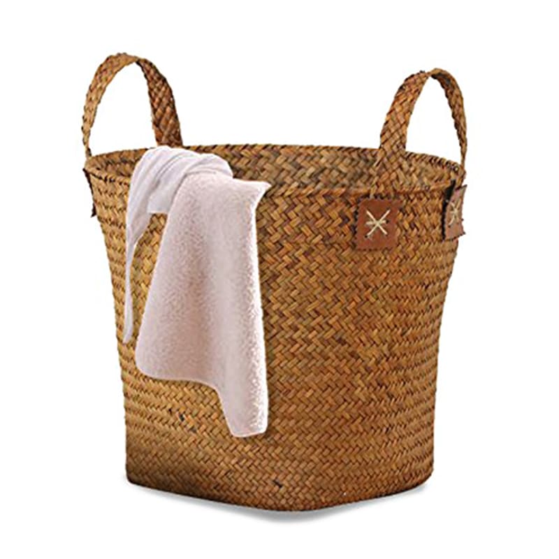 Panier en paille rond naturel fait à la main avec poignées